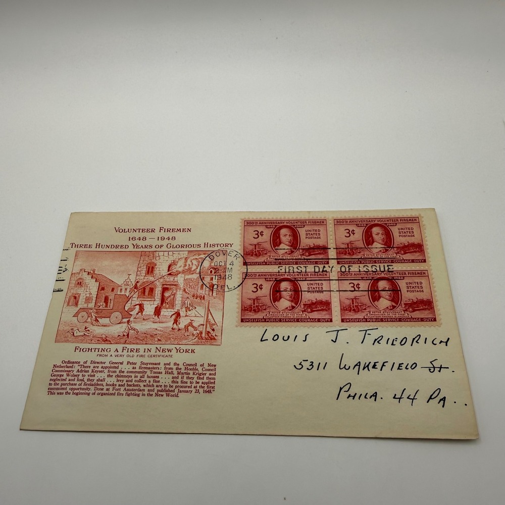 1948 Volunteer Firemen 300th Anniversary First Day Cover Block of 4 3c Stamps